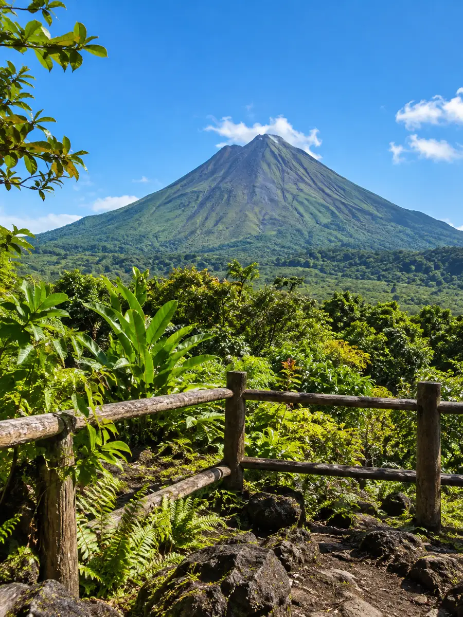 Der Arenal Volcano von einem Regenwaldpfad aus an einem klaren Tag
