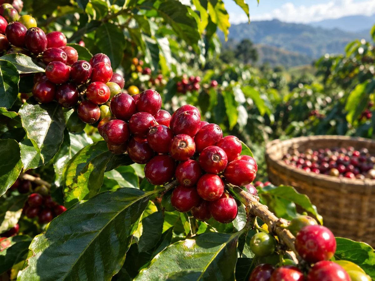 Reife rote Kaffeekirschen an einem Zweig auf einer costa-ricanischen Farm