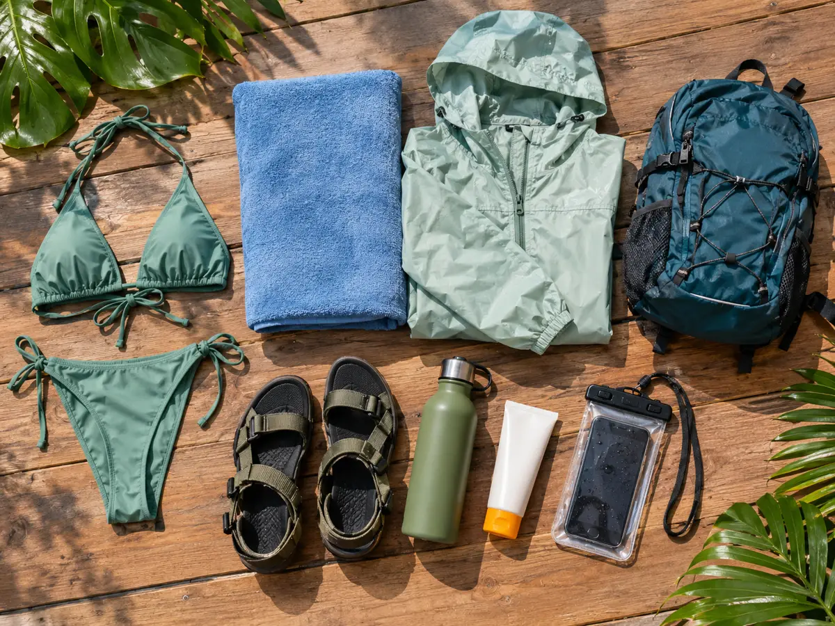 Badesachen, Handtuch, Regenjacke, Sandalen und Sonnencreme auf einer Holzterrasse